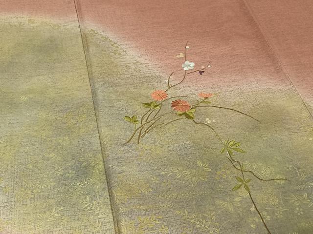 平和屋着物▽訪問着 単衣 刺繍 草花文 正絹 逸品 AABE9292jh