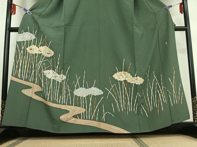 平和屋着物▽訪問着 単衣 作家物 刺繍 流水花文 金銀彩 銀糸 正絹 逸品 AABE9294jh