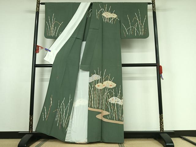 平和屋着物▽訪問着 単衣 作家物 刺繍 流水花文 金銀彩 銀糸 正絹 逸品 AABE9294jh