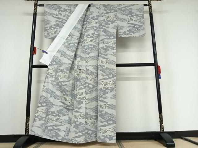 平和屋着物▽上質な紬 単衣 草花文 正絹 逸品 AABE9297jh