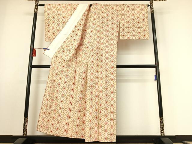 平和屋着物▽上質な紬 単衣 麻の葉文様 正絹 逸品 AABE9325jh
