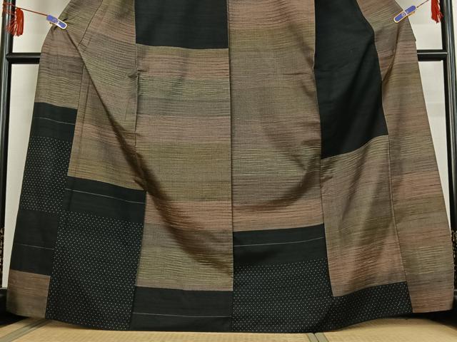 平和屋着物▽訪問着 単衣 紬地 横段文 正絹 逸品 AABE9333jh