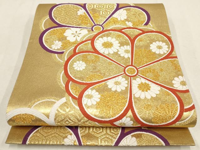 平和屋着物▼六通柄袋帯 吉祥花文 金糸 正絹 逸品 AABE9440wj