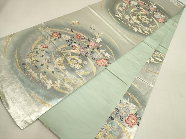 平和屋着物▼六通柄袋帯 花蝶文 金銀糸 引箔 正絹 逸品 AABE9624wj