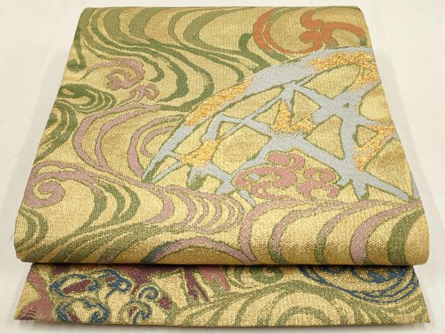 平和屋着物▼六通柄袋帯 鷹金屋 流水籬文 金糸 正絹 逸品 AABE9886wj
