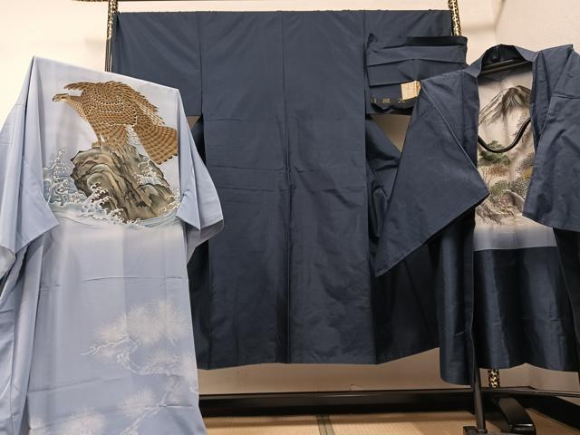 平和屋着物○男性 本場縞大島紬 アンサンブル 長襦袢(無双仕立て