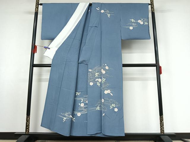 平和屋着物▽訪問着 単衣 駒刺繍 流水花文 金銀彩 正絹 逸品 AABF0091jh