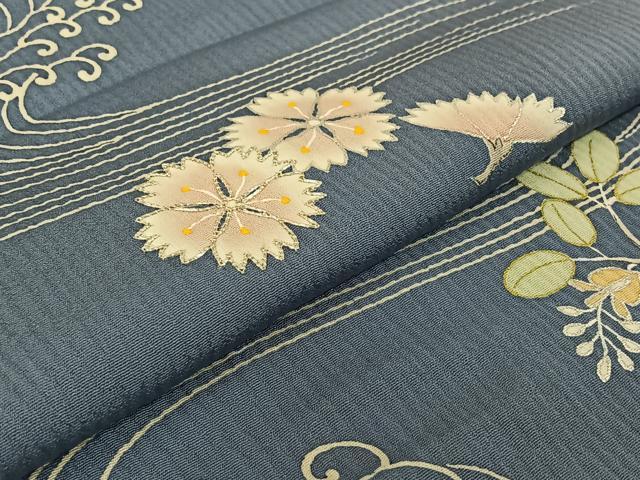 平和屋着物▽訪問着 単衣 駒刺繍 流水花文 金銀彩 正絹 逸品 AABF0091jh