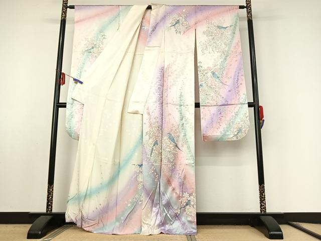 平和屋着物▽豪華振袖 単衣 花鳥文 暈し染め 金銀彩 正絹 逸品 AABF0115jh
