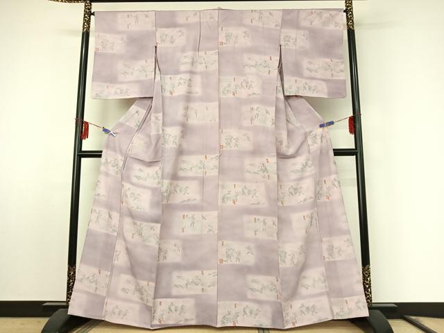 平和屋着物▽上質な小紋 単衣 鳥獣戯画 暈し染め 銀彩 正絹 逸品 AABF0117jh