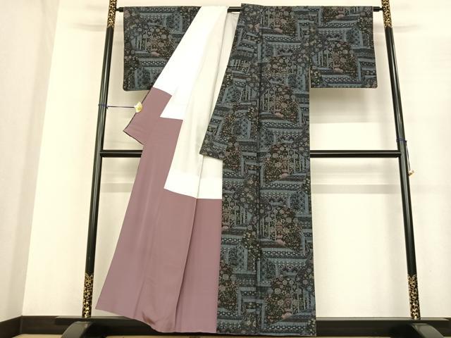 平和屋着物●本真綿結城紬 100亀甲 切嵌花文 正絹 逸品 AABF0285fy