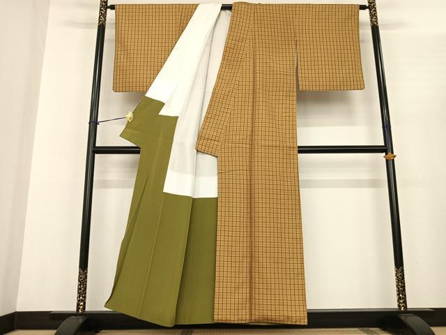 平和屋着物●黄八丈 紬 綾織 格子 正絹 逸品 AABF0297fy