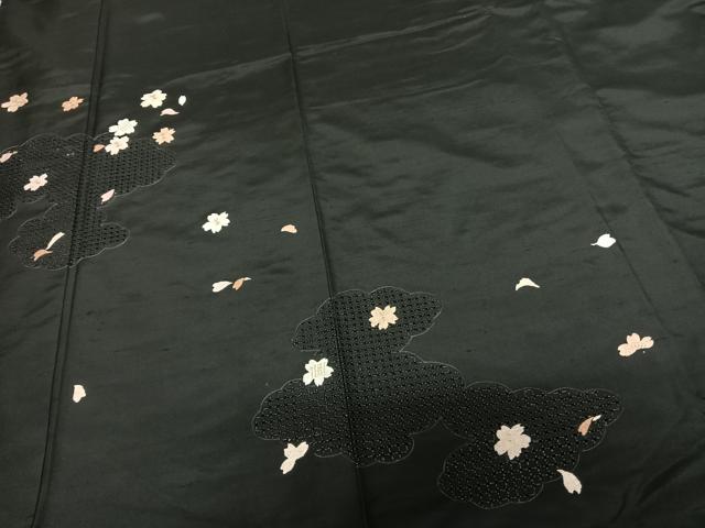 平和屋着物●訪問着 中国三大刺繍 汕頭刺繍 スワトウ刺繍 総刺繍 紬地 雲取り舞桜文 黒地 ロング丈 正絹 逸品 AABF0302fy