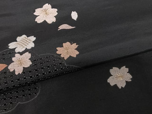平和屋着物●訪問着 中国三大刺繍 汕頭刺繍 スワトウ刺繍 総刺繍 紬地 雲取り舞桜文 黒地 ロング丈 正絹 逸品 AABF0302fy