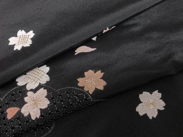 平和屋着物●訪問着 中国三大刺繍 汕頭刺繍 スワトウ刺繍 総刺繍 紬地 雲取り舞桜文 黒地 ロング丈 正絹 逸品 AABF0302fy