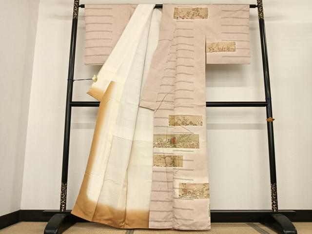 平和屋着物●訪問着 紬地 色紙草花文 暈し染め 金彩 正絹 逸品 AABF0304fy