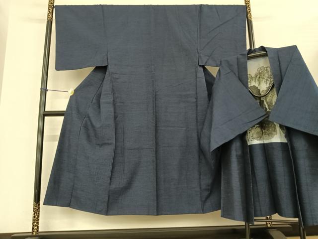 平和屋着物●男性 結城紬 アンサンブル 杢 紺色 正絹 逸品 AABF0320fy