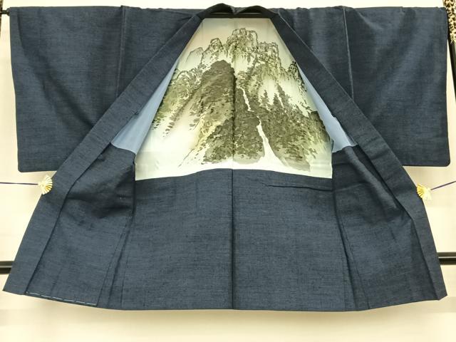 平和屋着物●男性 結城紬 アンサンブル 杢 紺色 正絹 逸品 AABF0320fy