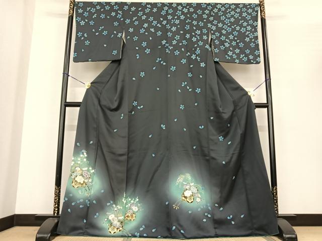 平和屋着物●訪問着　駒刺繍　片輪車花文　暈し染め　金彩　鈴乃屋扱い　正絹　逸品　AABF0330fy 平和屋着物○訪問着 駒刺繍 片輪車花文 暈し染め 金彩 鈴乃屋扱い 正絹