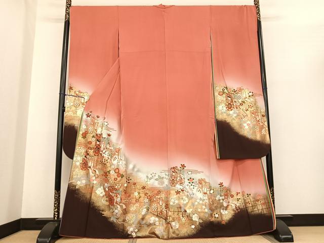 平和屋着物●豪華振袖　御所車花文　暈し染め　金銀彩　幾久重袖　正絹　逸品　AABF0363fy 平和屋着物○豪華振袖 御所車花文 暈し染め 金銀彩 幾久重