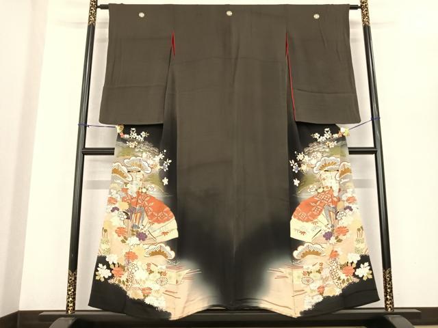 平和屋着物●アンティーク 大正ロマン 黒留袖 駒刺繍 扇面花文 金糸 正絹 逸品 AABF0368fy