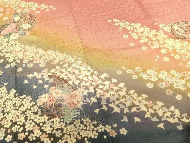平和屋着物●豪華振袖 源氏車花文 暈し染め 金彩 正絹 逸品 AABF0374fy