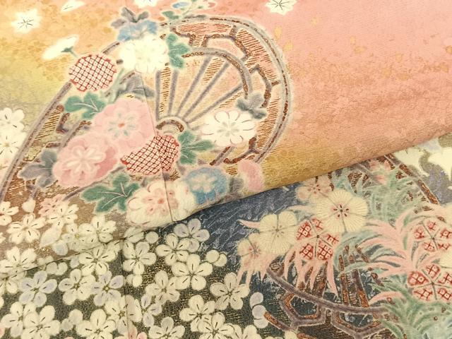 平和屋着物●豪華振袖 源氏車花文 暈し染め 金彩 正絹 逸品 AABF0374fy