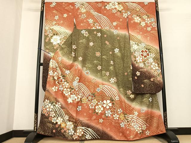 平和屋着物●豪華振袖 舞花文 暈し染め 金彩 鈴乃屋扱い 正絹 逸品 AABF0395fy