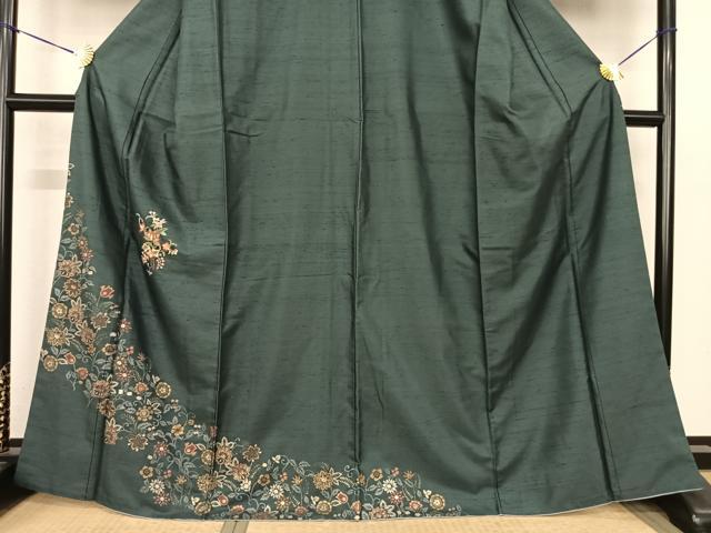 平和屋着物●訪問着 紬地 刺繍 花唐草文 金糸 金彩 正絹 逸品 AABF0406fy