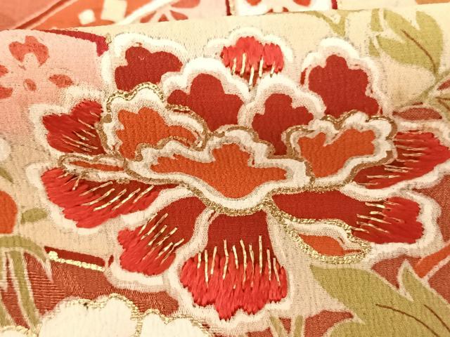 平和屋着物●アンティーク 大正ロマン 訪問着 駒刺繍 地紙花文 金糸 金彩 正絹 逸品 AABF0415fy