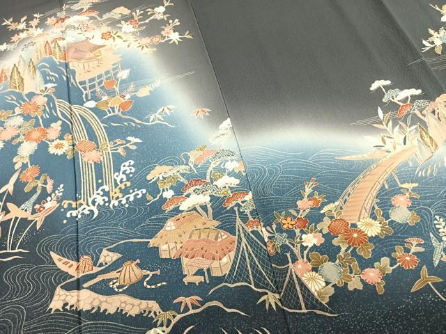 平和屋着物●訪問着 友禅 駒刺繍 風景枝花文 暈し染め 正絹 逸品 AABF0427fy