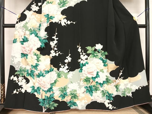 平和屋着物●訪問着 枝花文 黒地 金彩 正絹 逸品 AABF0443fy