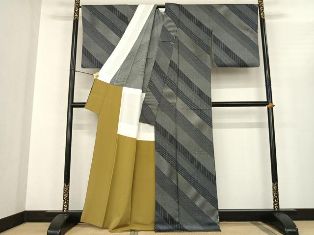 平和屋着物●江戸小紋 斜縞 黒地 正絹 逸品 AABF0467fy