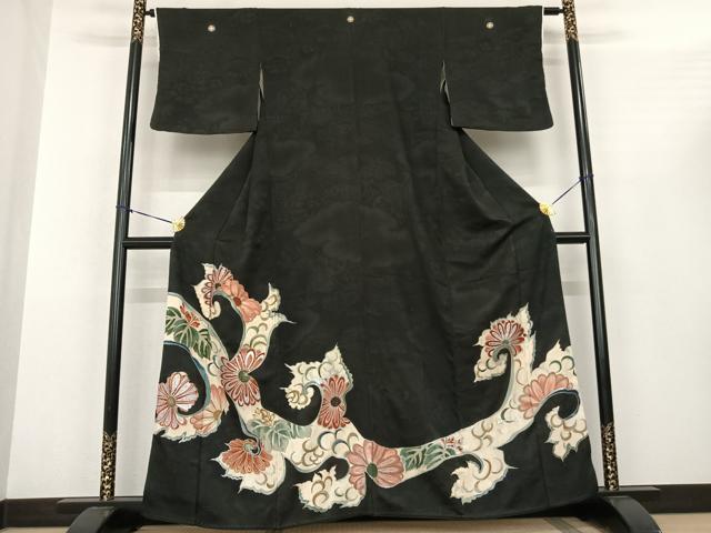 平和屋着物●アンティーク 大正ロマン 黒留袖 唐草文 金銀彩 正絹 逸品 AABF0473fy