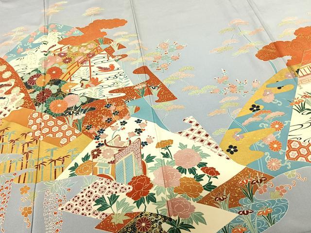 平和屋着物●訪問着 刺繍 風景花鳥文 金彩 正絹 逸品 AABF0480fy