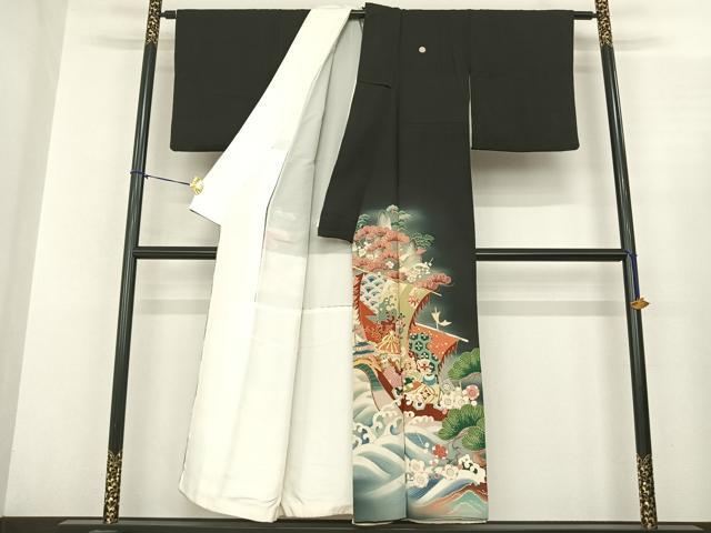 平和屋着物●アンティーク 大正ロマン 黒留袖 刺繍 宝船 暈し染め 金銀糸 金彩 両褄 江戸褄 正絹 逸品 AABF0537fy