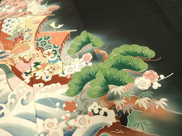 平和屋着物●アンティーク 大正ロマン 黒留袖 刺繍 宝船 暈し染め 金銀糸 金彩 両褄 江戸褄 正絹 逸品 AABF0537fy