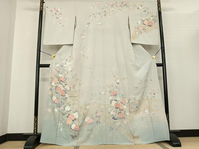 平和屋着物●十日町友禅作家 松雨 訪問着 花鳥文 金彩 正絹 逸品 AABF0561fy