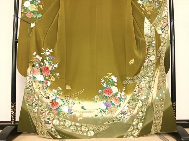 平和屋着物●豪華振袖 刺繍 手描き 熨斗花文 暈し染め 金糸 金彩 正絹 逸品 AABF0562fy