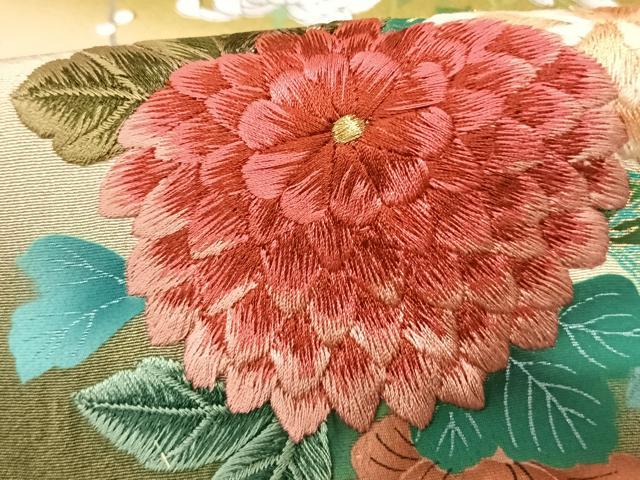平和屋着物●豪華振袖 刺繍 手描き 熨斗花文 暈し染め 金糸 金彩 正絹 逸品 AABF0562fy