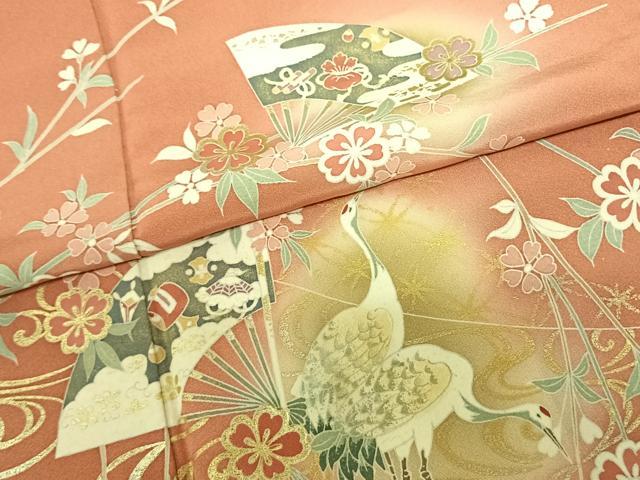 平和屋着物●訪問着 扇面花文 鶴 暈し染め 金銀彩 正絹 逸品 AABF0655fy