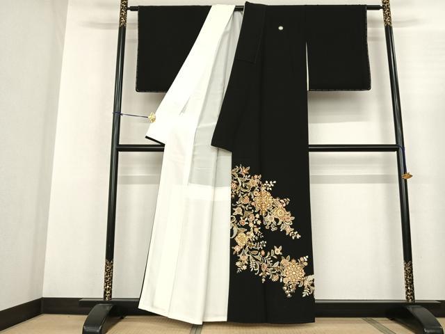 平和屋着物●豪華黒留袖 吉祥花文 金彩 正絹 逸品 未使用 AABF0658fy