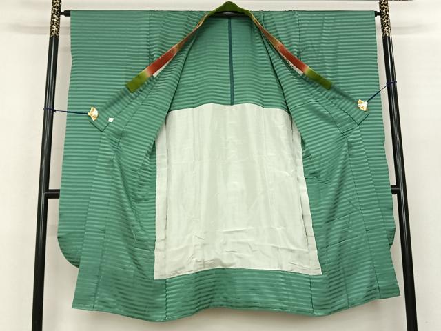 平和屋着物●振袖用長襦袢 無双仕立て 縞 若竹色 半衿刺繍 正絹 逸品 AABF0668fy