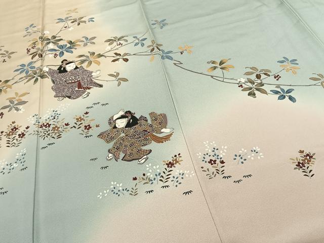 平和屋着物●訪問着 作家物 人物枝花文 暈し染め ロング丈 正絹 逸品 未使用 AABF0693fy