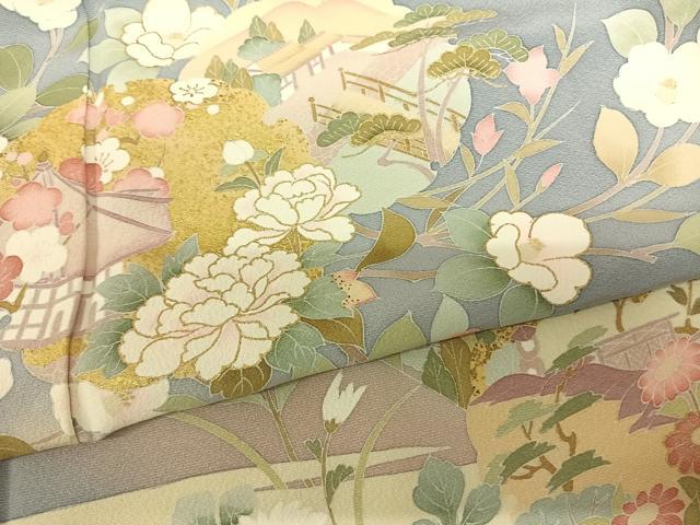 平和屋着物●訪問着 友禅 雪輪枝花文 丹後縮緬 金彩 反端付き ロング丈 正絹 逸品 AABL5484ck