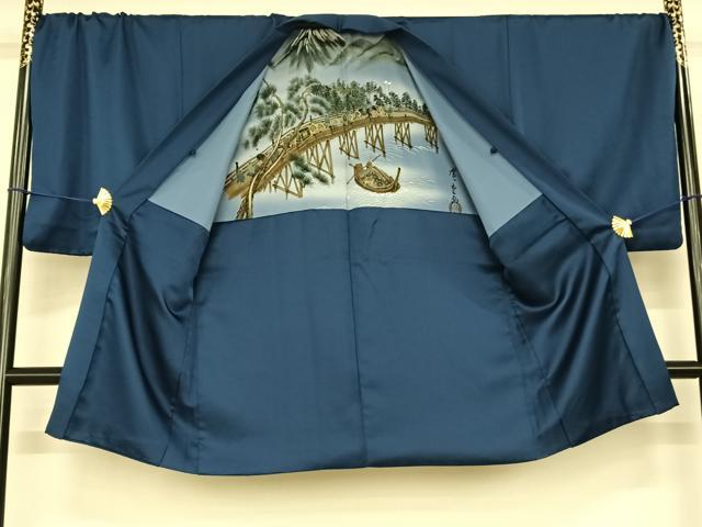 平和屋着物●男性 色紋付・羽織セット 菱地紋 青藍色 キングサイズ 洗える着物 AABF0699fy