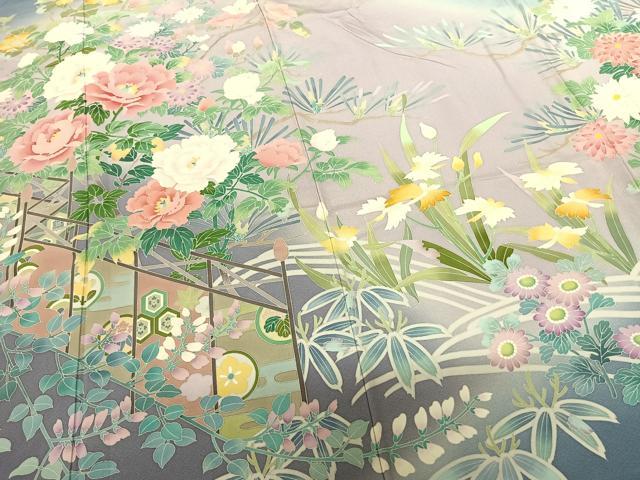 平和屋着物●豪華振袖 友禅 作家物 玉峰 枝花文 暈し染め 正絹 逸品 AABF0736fy