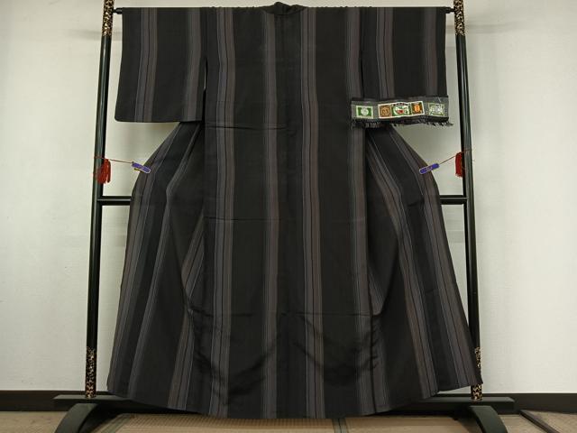 平和屋着物▽本塩沢 単衣 やまだ織 縞 やまと誂製 証紙付き 正絹 逸品 AABF0780jh