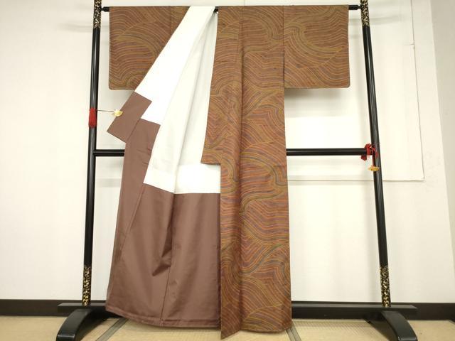 平和屋着物●石川県指定無形文化財 牛首紬 白山工房 手織り 立波文 正絹 逸品 未使用 AABF0918ck