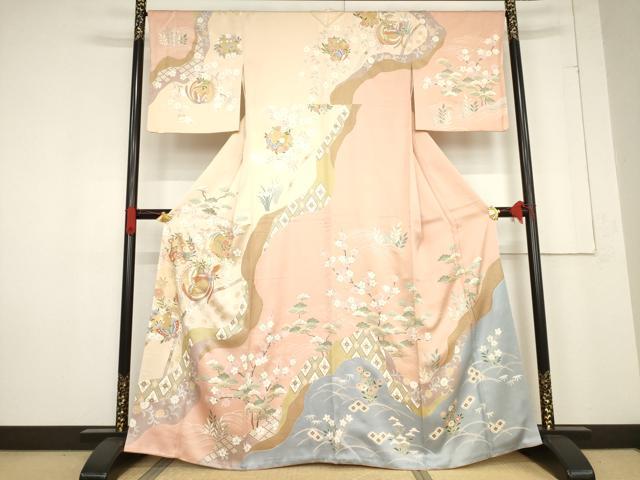 平和屋着物●訪問着 駒刺繍 鳳凰花蝶丸文 金彩 正絹 逸品 AABF0936ck